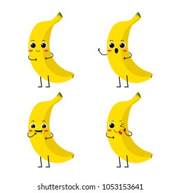 Vector Illustration Flat Banana Cute Character expression emotion collection set isolated on white background , minimal style , Raw materials fresh fruit , Mascot product