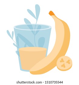 Vector illustration of a flat banana with a slice of fruit and a glass of juice.