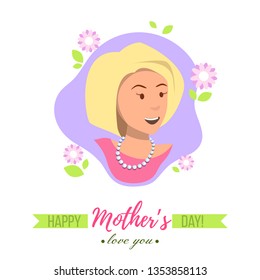 Vector Illustration Flat Banner Happy Mothers Day Love You Blond Girl Smiling. Neck Beautiful Pearl Beads in Pink Dress Cartoon. Portrait Happy Blonde Woman Closeup on White Background.