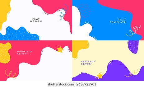 Vector illustration. Flat banner template. Hand drawn doodle shapes and lines. Design elements for horizontal web banner, panoramic wallpaper. Trendy colorful background with waves and scribbles