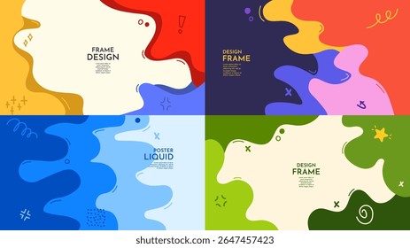 Vector illustration. Flat banner template. Hand drawn doodle shapes and lines. Design elements for horizontal web banner, panoramic wallpaper. Trendy colorful background with waves and scribbles