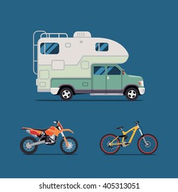 Vector illustration flat. the best banner  for the travel agency and camping, outdoor activities, sports and outdoor recreation. Camper, motorcycle, bicycle