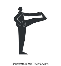 Vector illustration with flat black silhouette of female person doing finess. Athletic woman learns yoga posture Utthita Hasta Padangustasana. Sportive exercise - Extended Hand To Big Toe Pose