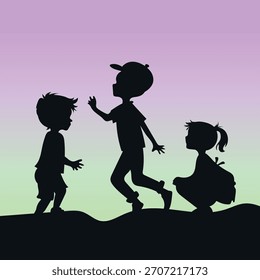 Vektorgrafik flache schwarze Silhouette von Kindern spielen auf der Straße drei Kinder auf hellem Hintergrund