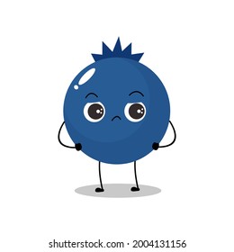 Vector illustration of a flat blueberry character with cute angry expression, isolated on white background, simple minimal style, fresh fruit for mascot collection, emoticon