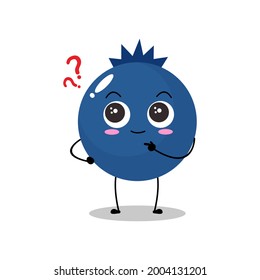 Ilustración vectorial de un personaje de arándano azul plano con una expresión curiosa linda, aislado en fondo blanco, estilo simple mínimo, fruta fresca para la recolección de mascotas, emoticono