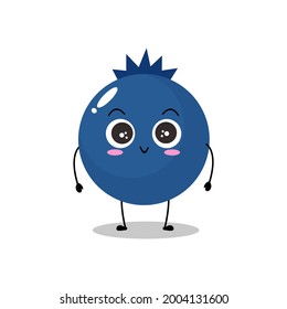 Vector illustration of a flat blueberry character with cute smile expression, isolated on white background, simple minimal style, fresh fruit for mascot collection, emoticon