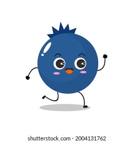 Ilustración vectorial de un personaje de arándano azul plano con una expresión de ejecución feliz, aislado en fondo blanco, estilo simple mínimo, fruta fresca para la recolección de mascotas, emoticono