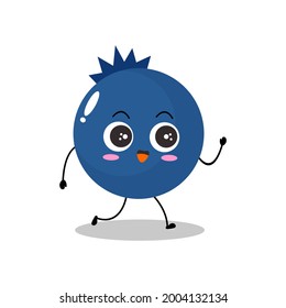 Vector illustration of a flat blueberry character with cute greeting expression, isolated on white background, simple minimal style, fresh fruit for mascot collection, emoticon