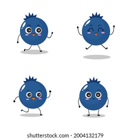 Vector illustration of a flat blueberry character with cute expression, isolated on white background, simple minimal style, fresh fruit for mascot collection, emoticon