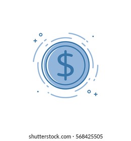 Vector illustration of flat bold line coin icon. Graphic design concept of internet earn. Use in Web Project and Applications. Blue outline isolated object.
