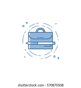 Vector illustration of flat bold line suitcase and pen icon. Graphic design concept of portfolio. Use in Web Project and Applications. Blue outline isolated object.