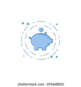 Ilustración vectorial del cerdo de línea gruesa y del icono de la moneda. Concepto de diseño gráfico de ahorrar o ahorrar dinero o abrir un depósito bancario, inversiones . Uso en la aplicación Web y móvil. Objeto aislado de esquema azul