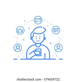 Vector illustration in flat bold linear style. Boy holding mobile phone with smile on his face - receiving comments, notifications and appreciations from his customers and followers - outline stock.