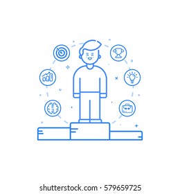 Vector illustration in flat bold linear style with boy and blue icons. Concept of business competition winner - man standing on the podium on the first place - career achievement. Outline stock object