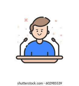 Vector illustration in flat bold outline style with boy - orator speaking from tribune. Concept of business lectern giving public speech. Use in Web Project and Applications. Line stock object.