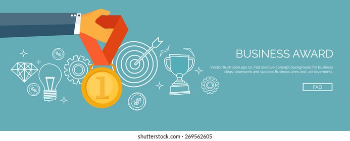 Vector illustration. Flat business concept background. Achievements and mission. Aims and new ideas. Smart solutions.  First place. Medal.