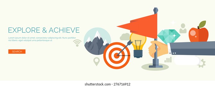Vector illustration. Flat business concept background. Achievements and mission. Aims and new ideas. Smart solutions.