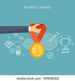 Vector illustration. Flat business concept background. Achievements, mission. Aims, new ideas. Smart solutions.  First place. Medal.