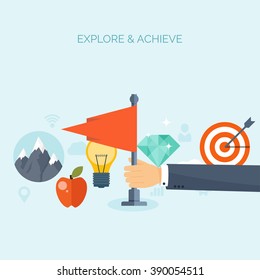 Vector illustration. Flat business concept background. Achievements, mission. Aims, new ideas. Smart solutions.