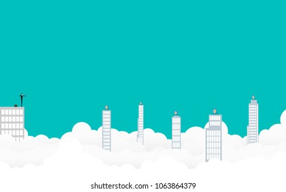 Vector illustration flat. Businessman standing on city with archer in hand. Business target goals concept. Businessman focus to successful. Shooting target with bow and arrow