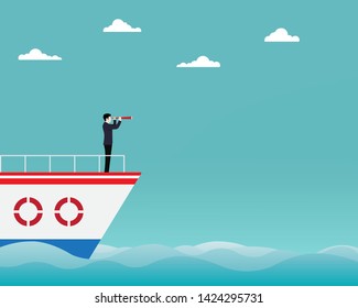 Vector illustration flat. Businessman standing on boat with telescope in hand. Business target goals concept. Businessman focus to successful. Vision startup business