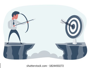 Vector illustration flat. Businessman standing on cliff with archer in hand. Business target goals concept. Businessman focus to successful. Shooting target with bow and arrow