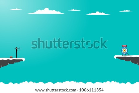 Vector illustration flat. Businessman standing on cliff with archer in hand. Business target goals concept. Businessman focus to successful. Shooting target with bow and arrow