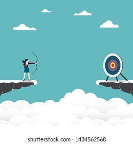 Vector illustration flat. Businesswoman standing on cliff with archer in hand. Business target goals concept. Businesswoman focus to successful. Shooting target with bow and arrow