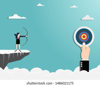 Vector illustration flat. Businesswoman standing on cliff with archer in hand. Business target goals concept. Businesswoman focus to successful. Shooting target with bow and arrow