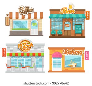 Vector illustration  flat cafes and shop: pizza house, beer bar, coffee cafe and bakery shop.