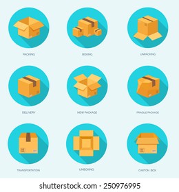 Vector illustration. Flat carton box. Transport and packaging. Post service and online delivery.