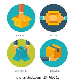 Vector illustration. Flat carton box. Transport and packaging. Post service and online delivery.