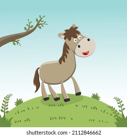 Vector illustration of flat cartoon bay horse isolated on white background, Creative vector childish background for fabric textile, nursery wallpaper, brochure. and other decoration.