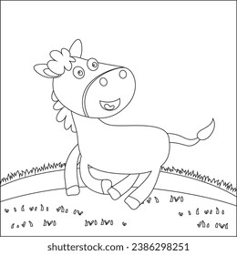 Vektorgrafik von flachem Cartoon-Bay-Pferd einzeln auf weißem Hintergrund, Sonnige Vektorgrafik, trendy Kinder Grafik mit Line Art Design Handzeichnung Skizze Vektorgrafik