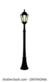 Vector illustration of flat cartoon black streetlight with yellow lamp isolated on white background