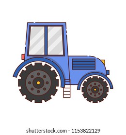Vector illustration with flat cartoon blue tractor isolated on white background. Tractor icon. Agricultural design, harvesting concept