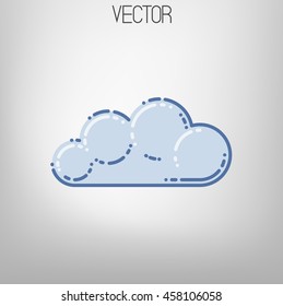 Vector illustration. Flat cartoon blue cloud icon. Thin lines.  Grey gradient background.