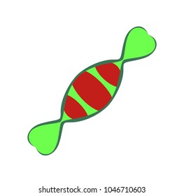 Vector illustration of flat cartoon candy in green wrapper with red stripes isolated on white background