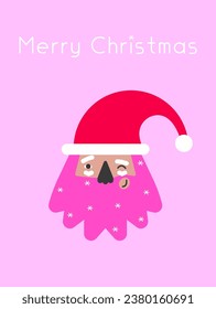 Vector illustration with flat cartoon character of african american Santa Claus. Design of A4 poster or greeting card with text Merry Christmas. New Year postcard in red and pink colors