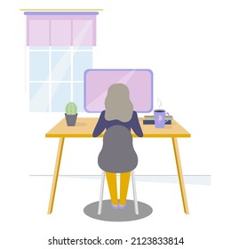 Vector illustration with flat cartoon characters working in the office, coworking or remotely at home, freelancer, self-employed. A young woman works at a computer in a modern interior.