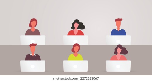 Ilustración vectorial de personajes de dibujos planos trabajando en oficina, espacio de trabajo conjunto, clase escolar o lugar de trabajo - la gente trabaja en laptops, los adultos estudian juntos