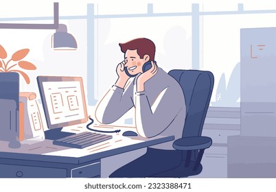 Vector illustration with flat cartoon characters working in office, coworking space or remotely at home, freelancing, self-employment. People work on computers and laptops in modern interiors.