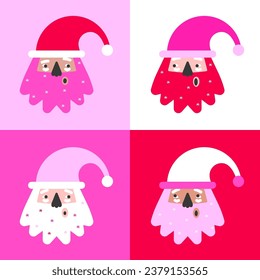 Vector illustration with flat cartoon characters of Santa Claus: african, caucasian. Design of poster or greeting card for Merry Christmas of Happy New Year. Pop art template in red and pink colors