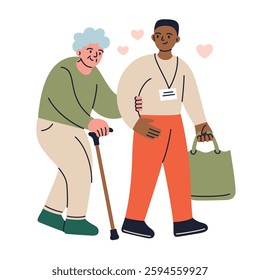 Vector illustration, flat cartoon characters. Volunteer man helping elderly person with cane, carrying shopping bag. Senior support, care, assistance, social work, charity, community, companionship