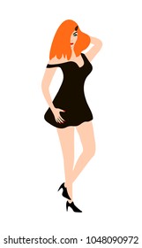 Vector illustration, flat cartoon color silhouette of young redhead girl in black dress isolated on white background