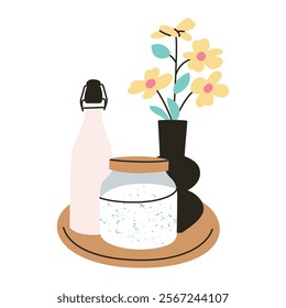 Vector illustration of flat cartoon composition with flowers in vase, glass jar with laundry detergent, bottle on wooden tray. Modern home decor, cleaning products, and bathroom storage organization