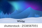 Vector illustration. Flat cartoon concept. Aurora winter landscape. Abstract gradient landscape. Flat illustration on dark backdrop. Adventure concept. Winter season.