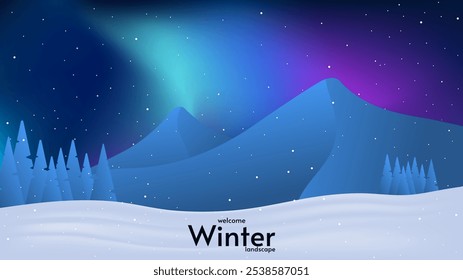 Vector illustration. Flat cartoon concept. Aurora winter landscape. Abstract gradient landscape. Flat illustration on dark backdrop. Adventure concept. Winter season.