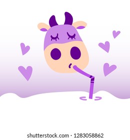 Vector illustration, flat cartoon cow drinking milk with straw. Hand drawn, in violet colors, with hearts. Applicable for package, poster, label designs, banners, flyers etc.